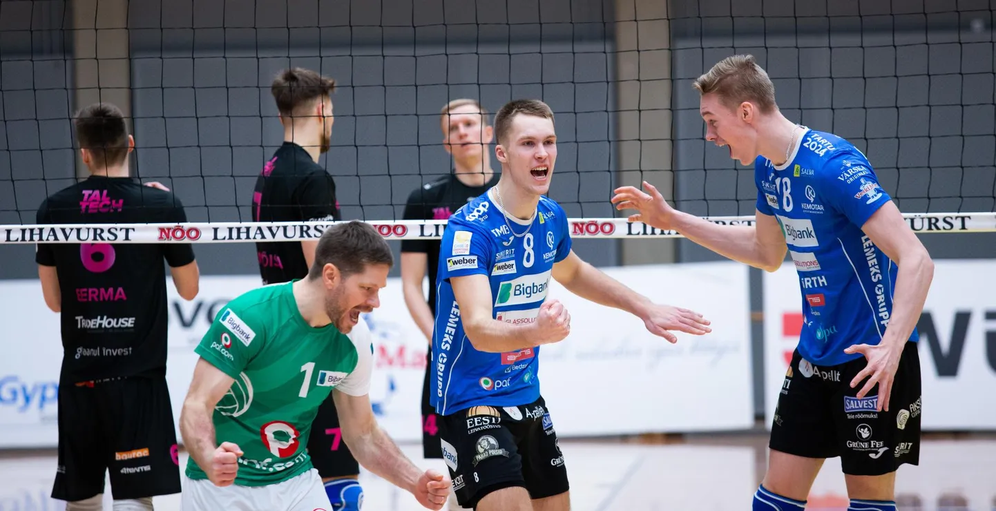 Bigbank Tartu võrkpallimeeskonnas on suur hulk eelmise aasta mängijaid, nende hulgas libero Rait Rikberg (rohelises), nurgaründaja Märt Tammearu (keskel) ja tempomängija Alex Saaremaa. Uus koosseis on koos treeninud augustist alates ja pidanud ka esimesed sõprusmängud.