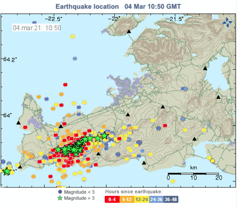 4. märtsi seisuga Islandil registreeritud maavärinate kaart.