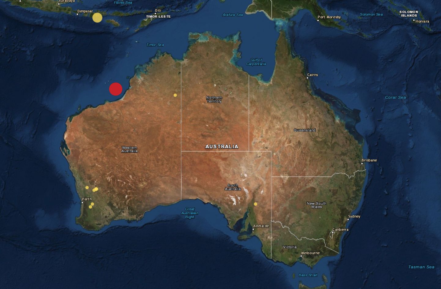 Tõmmis GeoScience Australia veebilehest, kuhu on punase täpiga märgitud 14. juulil Austraalia looderannikut raputanud maavärina kese.