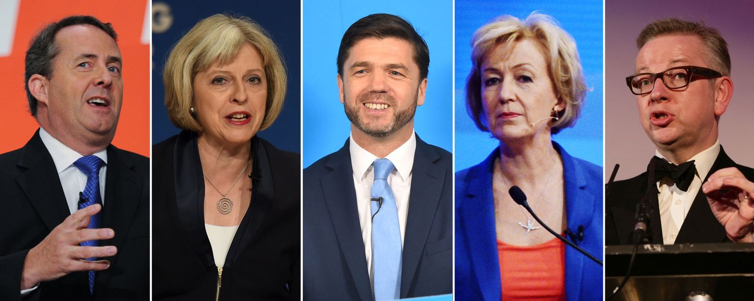 Konservatiivse Partei juhi kandidaadid vasakult: Liam Fox, Theresa May, Stephen Crabb, Andrea Leadsom ja Michael Gove.