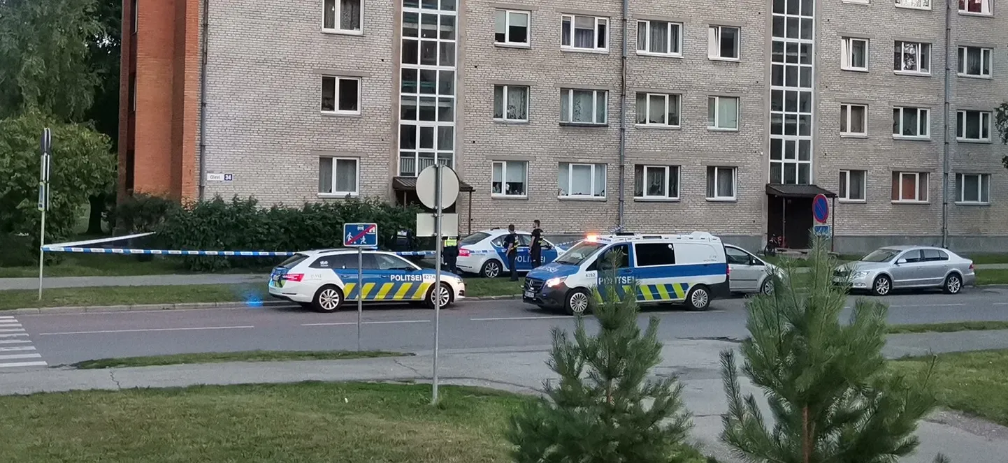 Reede õhtul kella kümne ajal oli lindiga piiratud sündmuspaigal Olevi tänava 34. maja juures kolm politseivärvides autot.