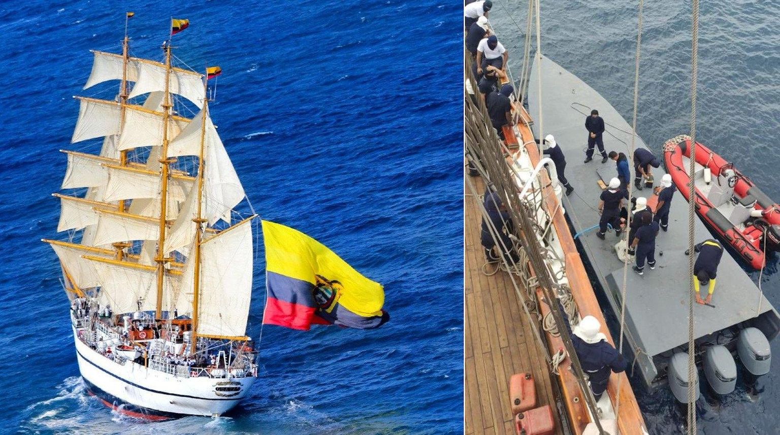 Purjelaev Guayas (vasakul) ja tabatud narkoallveelaev.