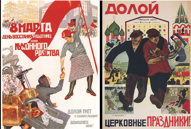 Раннесоветские плакаты, освобождающие женщину от кухонного рабства, а мужчин - от обязательного пьянства в церковный праздник.