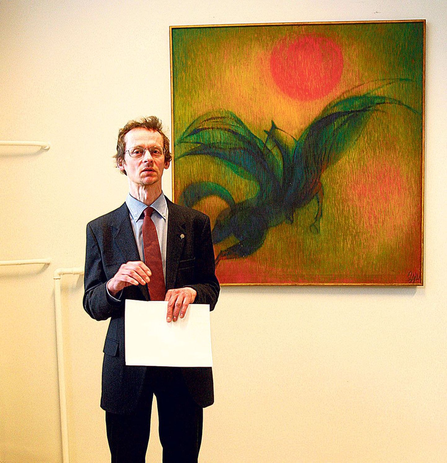 Näituse koostaja Enn Lillemets kõneles Anu Uustalust tema maali «Pegasus I» (1971–1974) ees.
