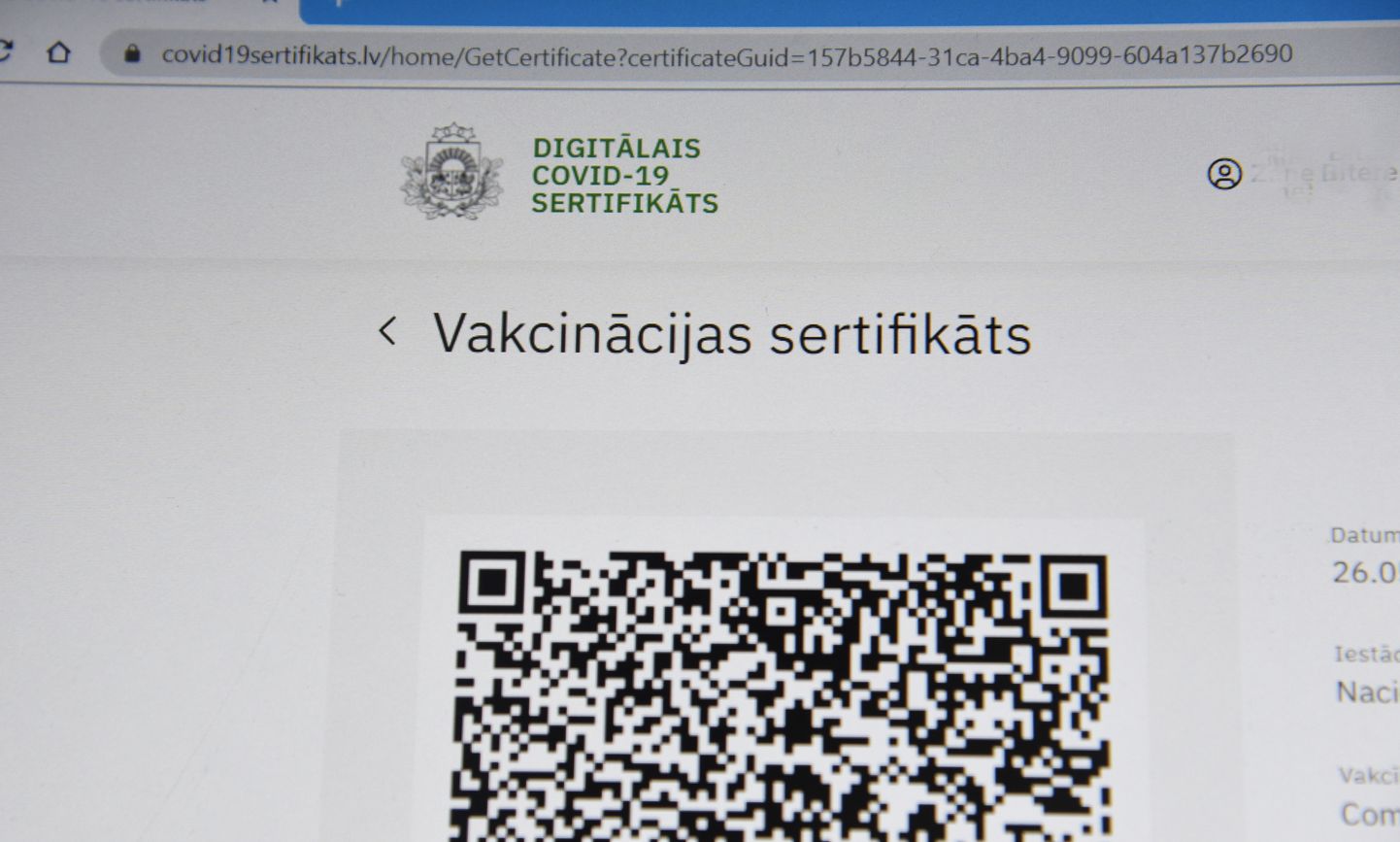 Digitālais vakcinācijas pret Covid-19 sertifikāts.