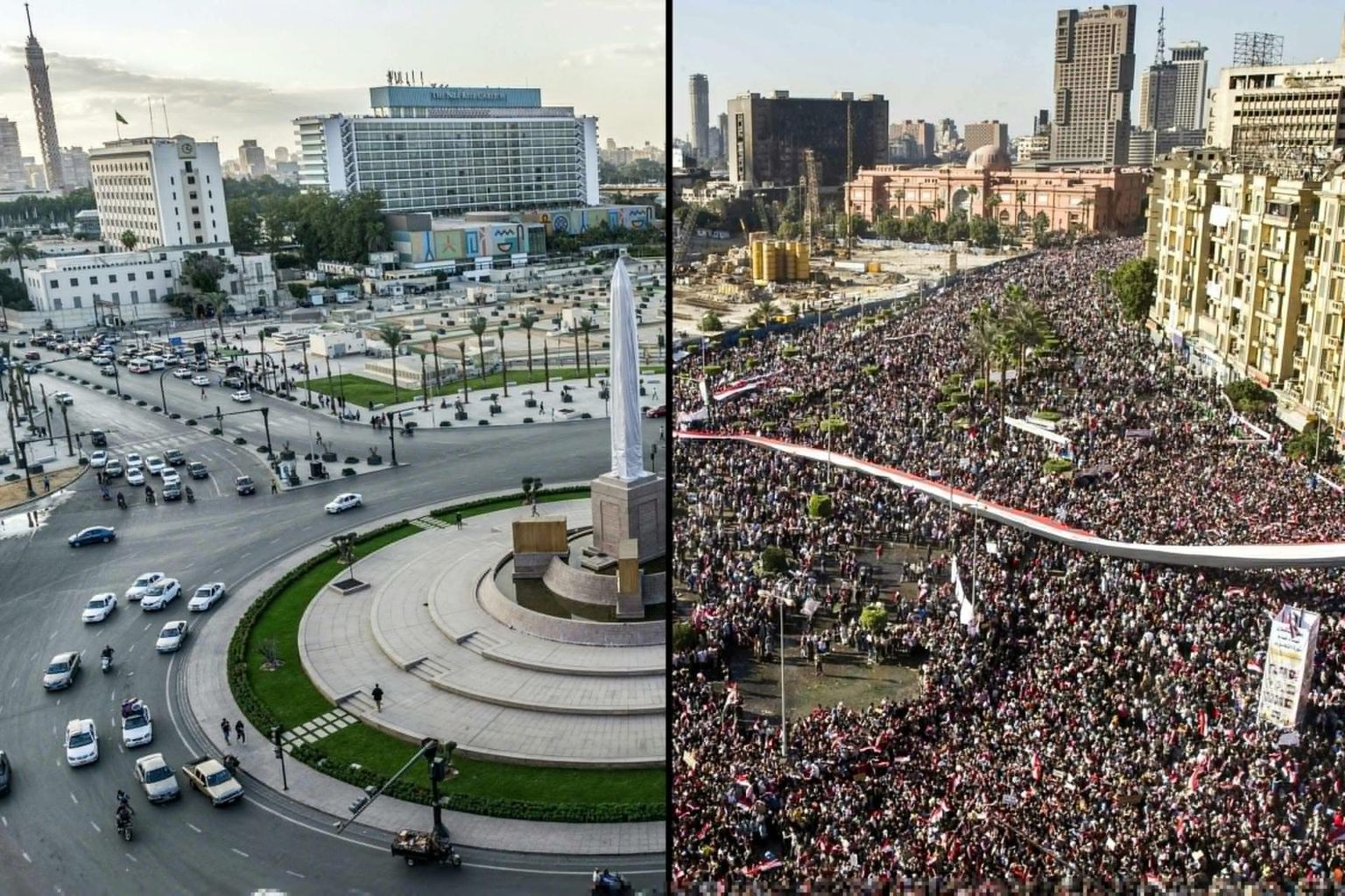 Egiptuse Kairo Tahriri väljak 23. novembril 2020 ja 18. veebruaril 2011, kui rahvamass tähistas president Hosni Mubaraki kukutamist.