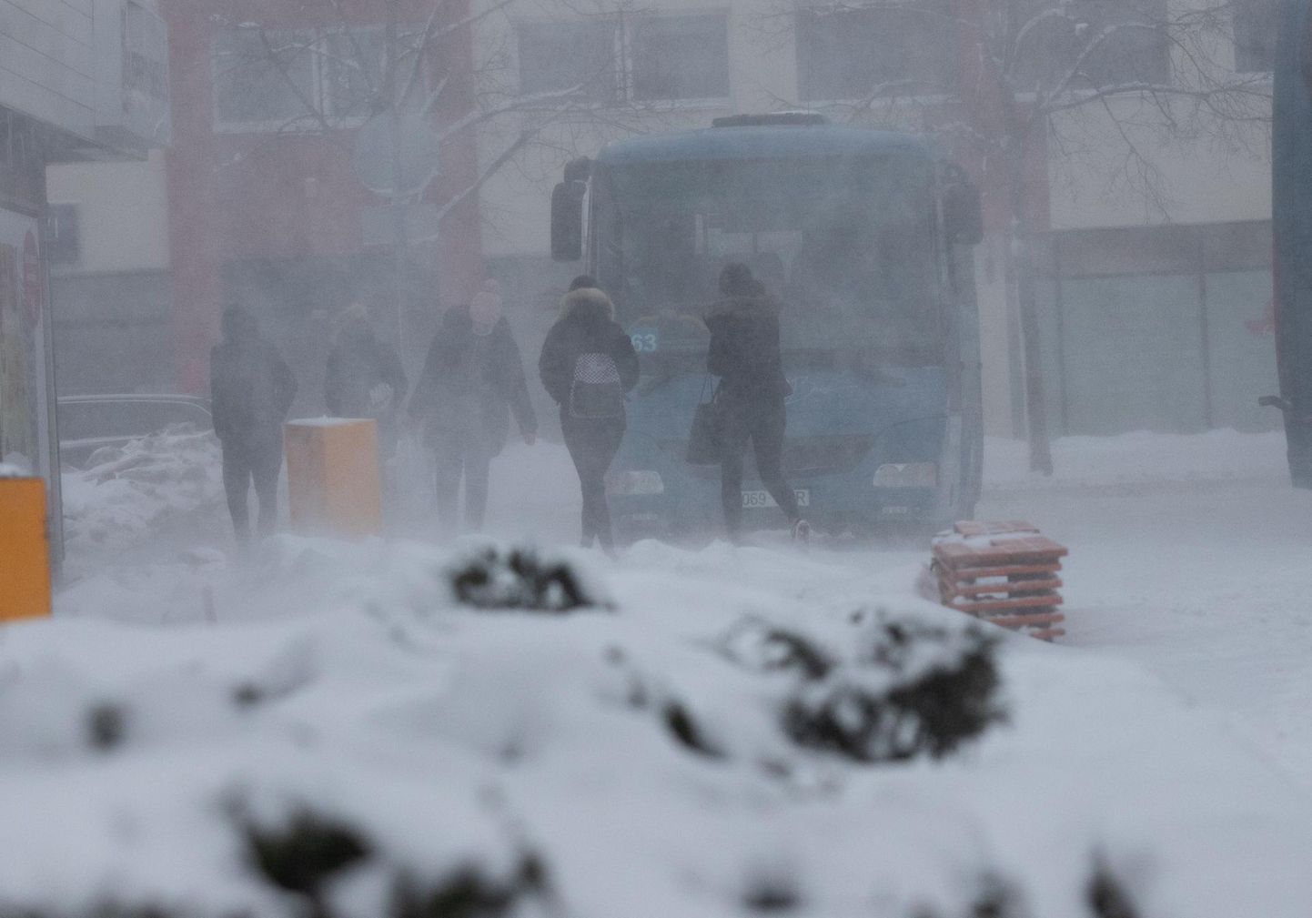 Tuisk kattis sõiduteed ühtlaselt lumega ja piiras nähtavust, muutes bussijuhtide töö keeruliseks.