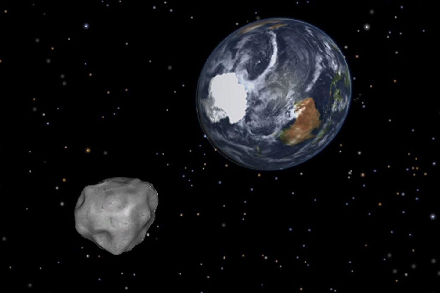 Arvutijoonistus asteroidist ja Maast