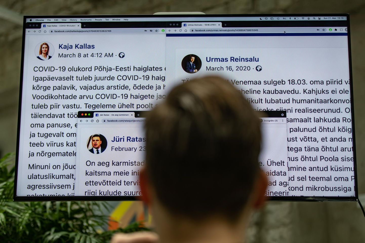 Poliitikute teadaanded Facebookis. Urmas Reinsalu, Jüri Ratase ja Kaja Kallase sõnumid sotsiaalmeedias.
 