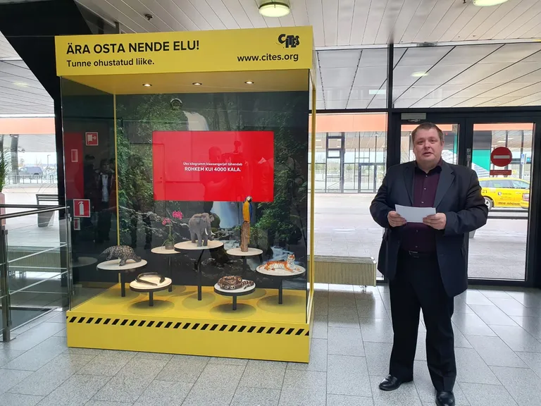 Keskkonnaminister Erki Savisaar Tallinna lennujaamas näitust avamas.