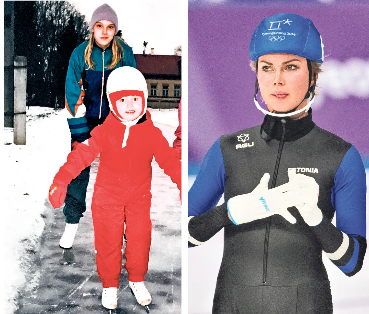 1998. aasta talv (vasakul): kolmeaastane Saskia Alusalu (punases) koos kõige vanema õe Sirliga Adaveres uisujääl. 2018. aasta veebruar (paremal): Saskia Alusalu ületas vist kõikide Eesti spordisõprade ootused, jõudes olümpiafinaalis neljandale kohale.