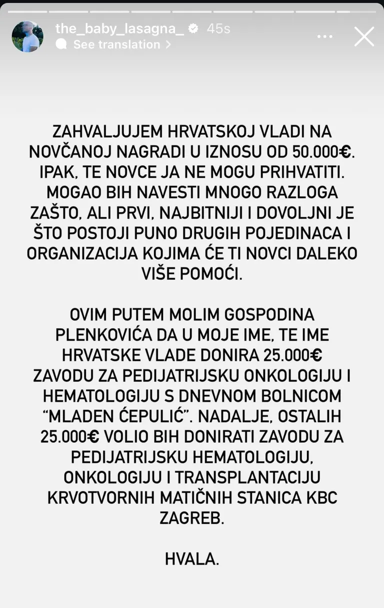 Baby Lasagna Instagrami postitus, kus ta keeldub talle Horvaatia valitsuse määratud preemiast.