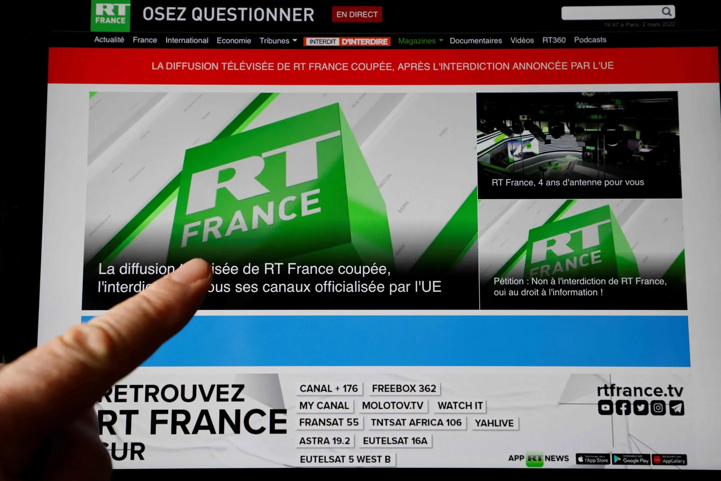 Pildil on näha RT France, mille varad Prantsusmaa võimud külmutasid, kodulehekülge.