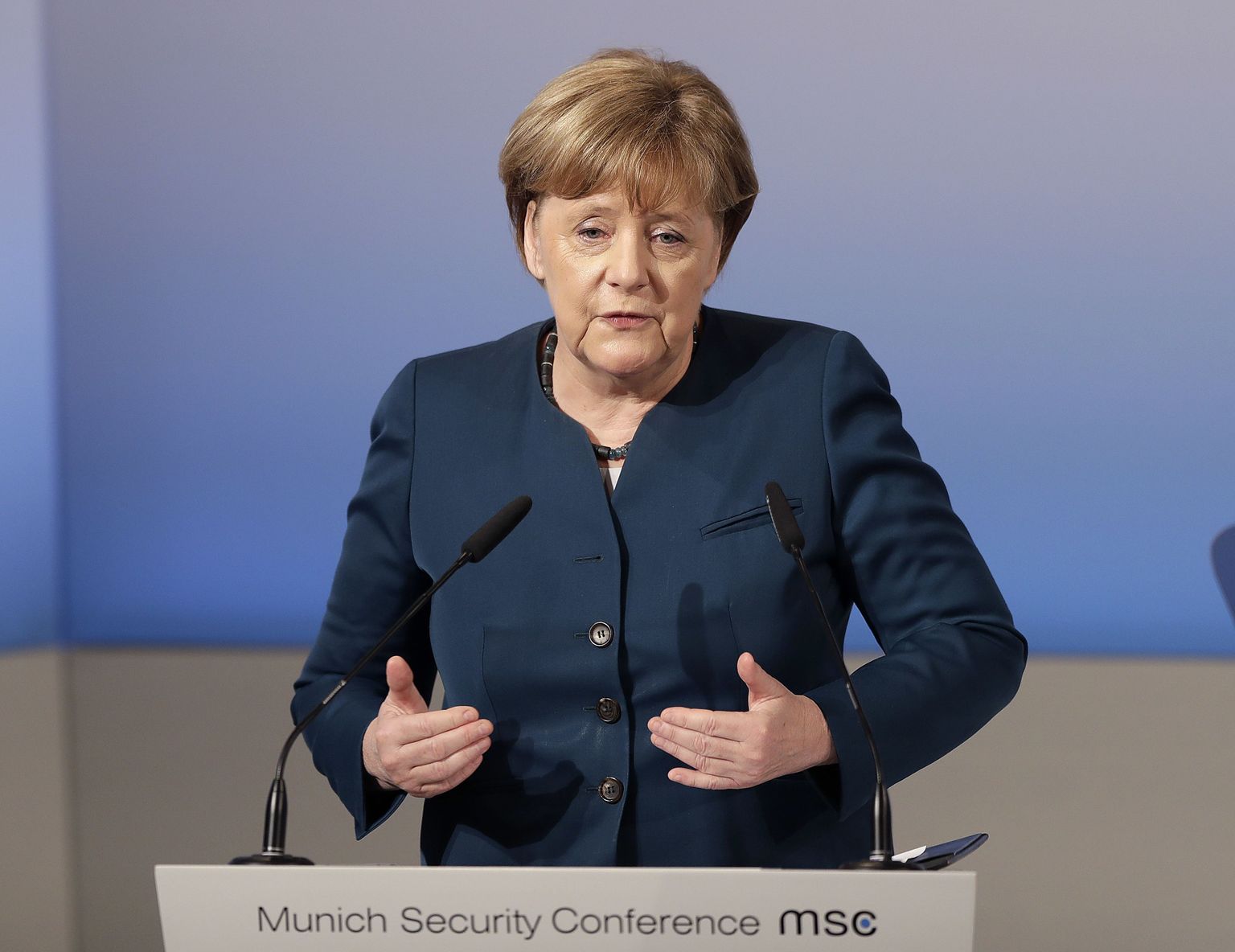 German Chancellor Angela Merkel speaks during the Munich Security Conference in Munich, Germany, Saturday, Feb. 18, 2017. The annual weekend gathering is known for providing an open and informal platform to meet in close quarters. (AP Photo/Matthias Schrader)