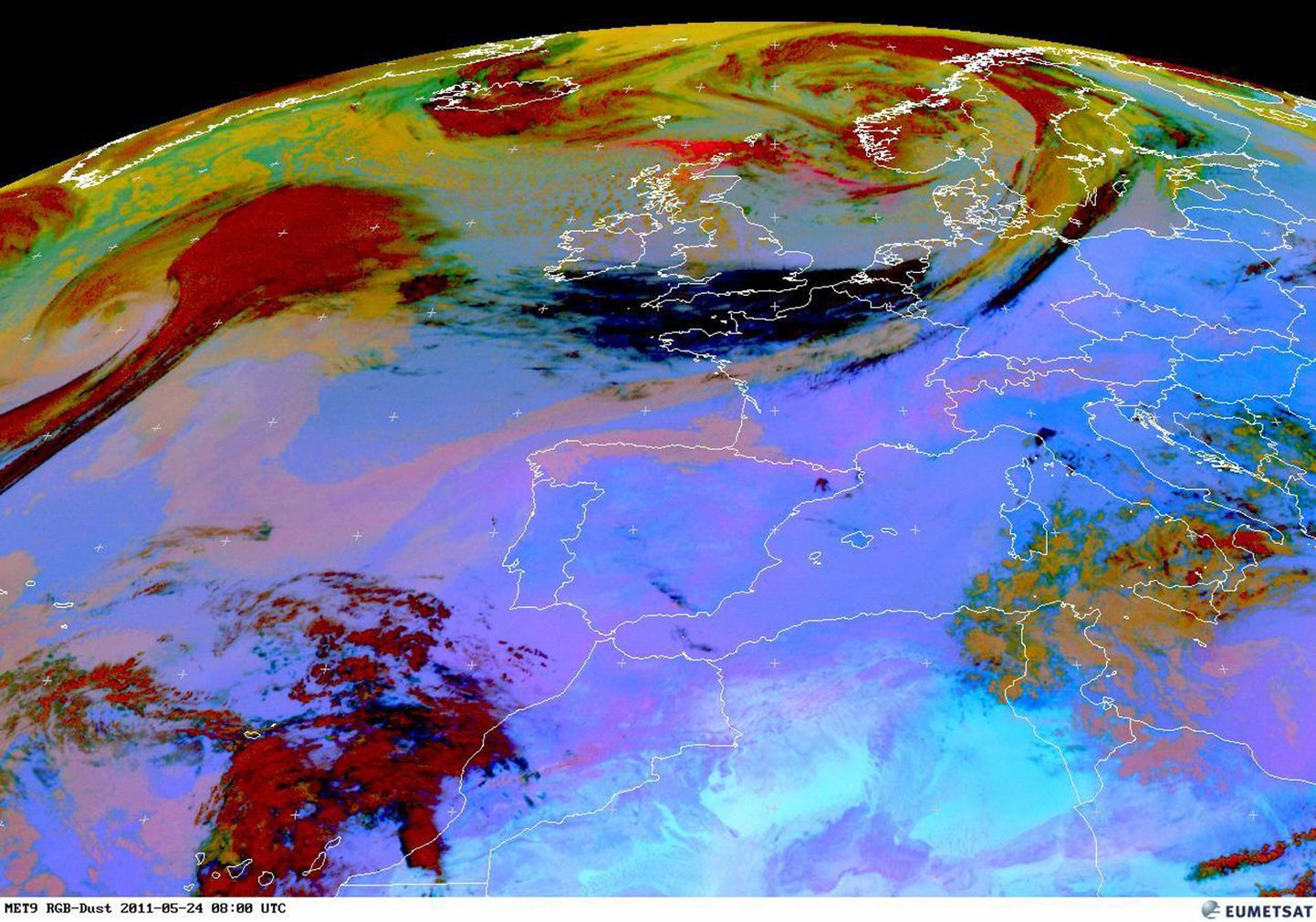 Изображение европейской метеослужбы Eumetsat показывет концентрацию пепла в атмосфере над Европой по состоянию на утро 24 мая.