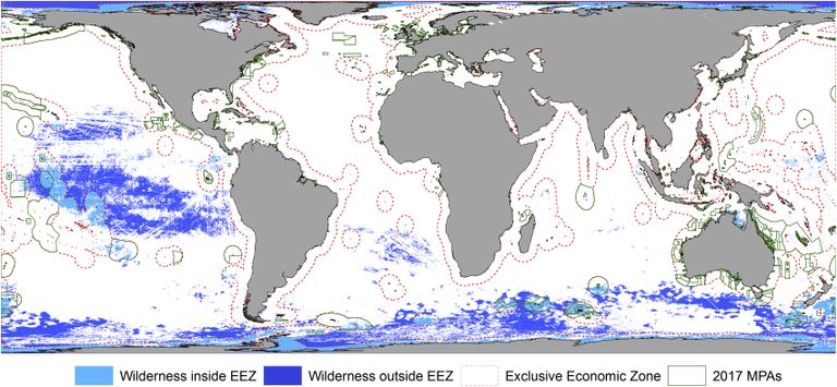 Uuringu tulemusi kajastav kaart. Sninisega on tähistatud maailma viimased puutumata merealad.
