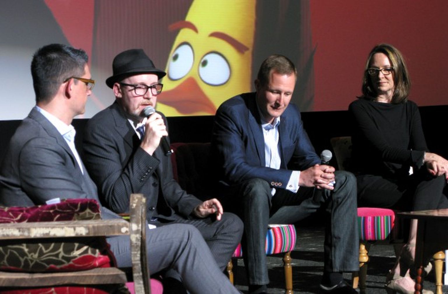 (no kreisās) Animācijas filmas «Dusmīgie putni. Filma» ("Angry Birds Movie") veidotāji - Klejs Keitiss (Clay Katis) un Fergals Reilijs (Fergal Reilly), kā arī producenti