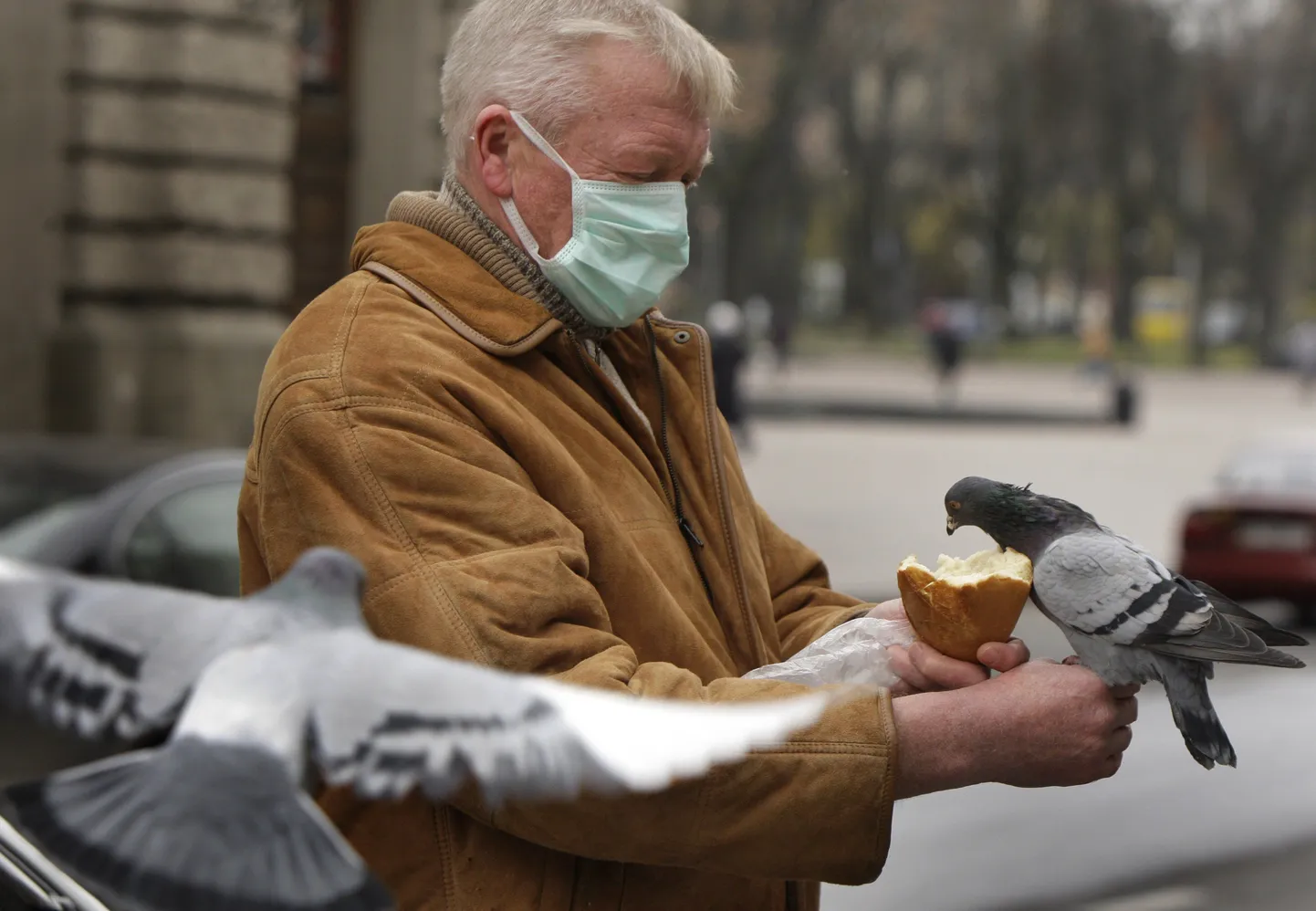 Näomaskiga taksojuht Ukrainas Lvovis.