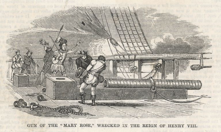 Joonistus, millel on kujutatud Mary Rose'i meeskonda ja ühte kahurit