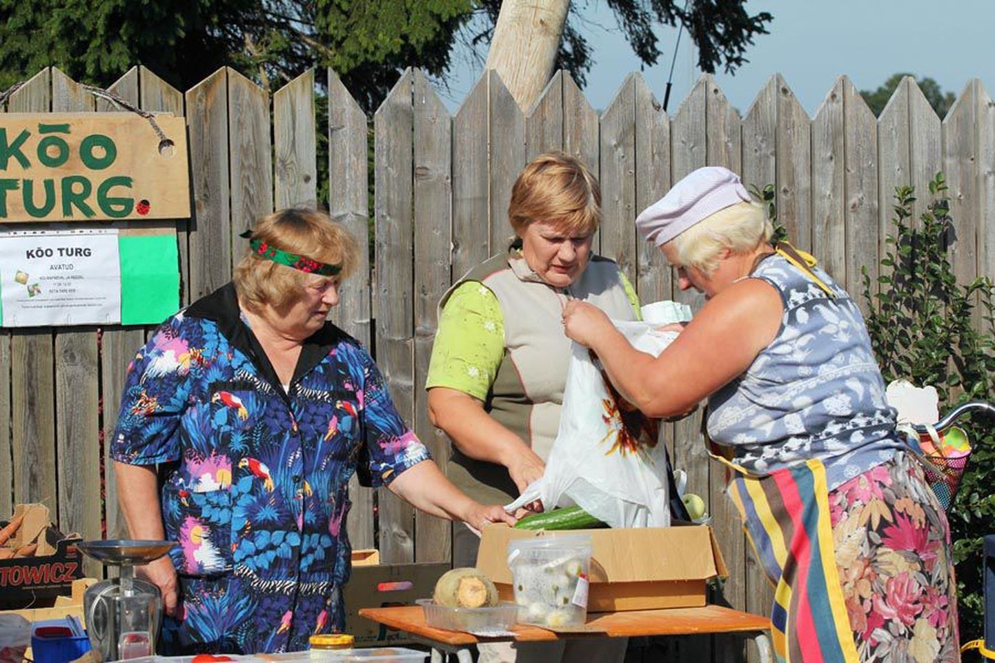 Kõo väiksel turul käib melu nagu muiste: müüja Armina Valk (vasakul) jälgib, mida on Ann Zemskova müügiks toonud ja söökla perenaine Reet Kross aitab kaupa kasti paigutada.