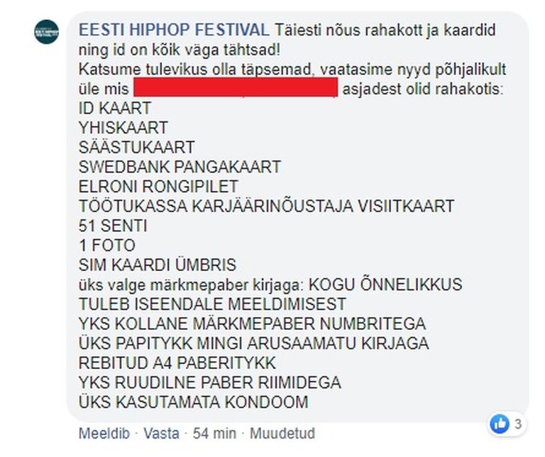 Eesti hiphop festivali korraldajate vastus rahakoti kaotanud noormehele.