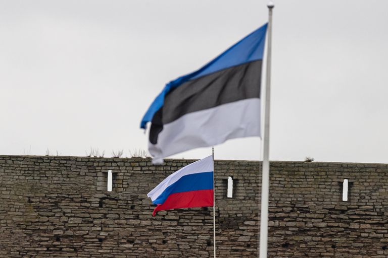Эстонский и российский флаги на двух берегах Наровы неподалеку от погранперехода, ноябрь 2023.