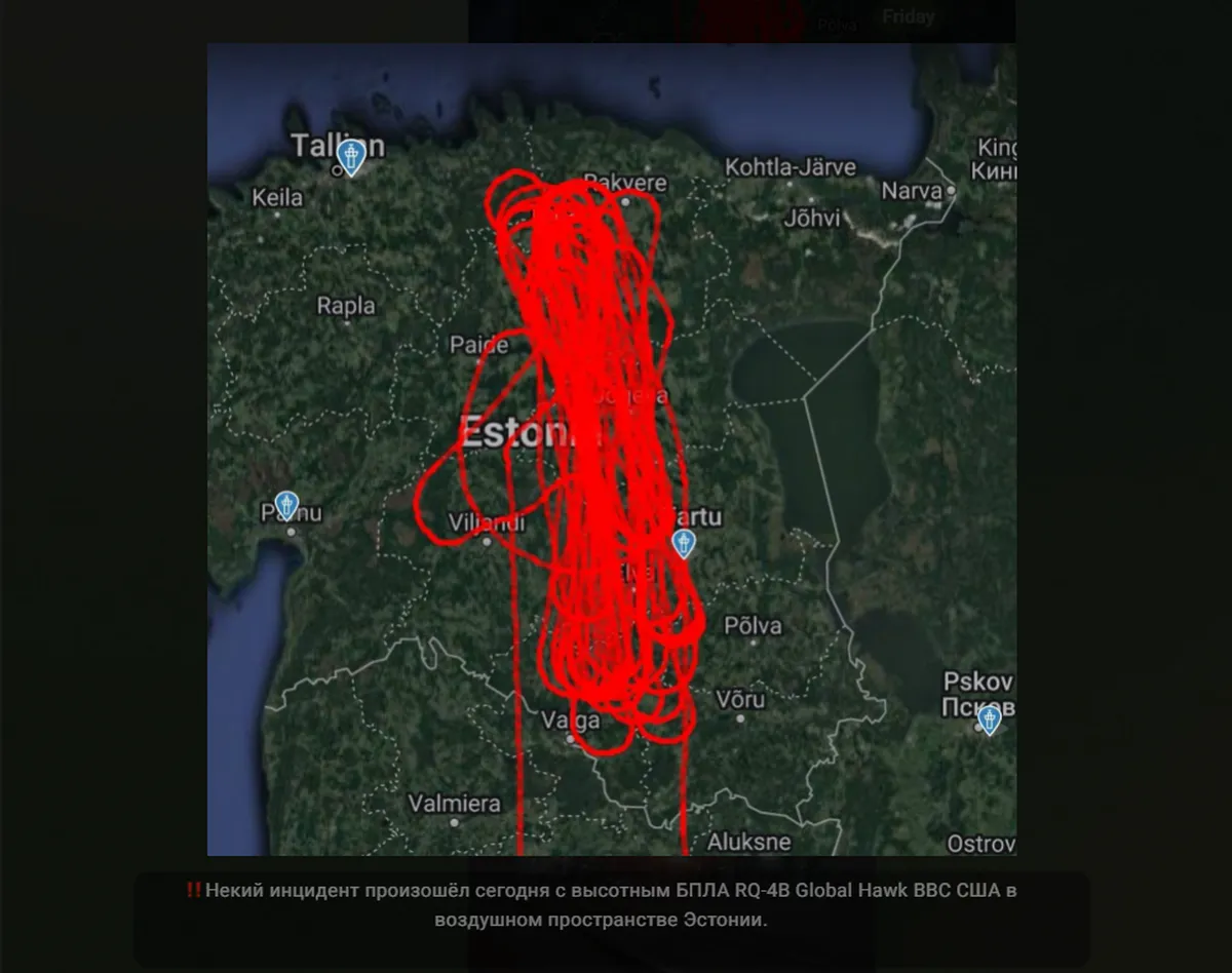 A map showing the flight path of the U.S. Air Force's strategic drone RQ-4B Global Hawk over Estonia in the last days of August 2024.