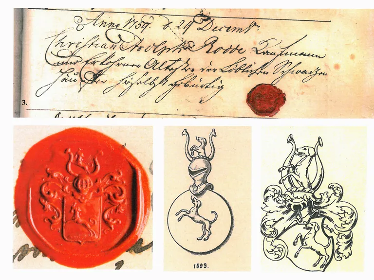 Kaupmehe ja siinsamas sündinud «kiiduväärse Mustpeade valitud vanema» Christian Adolph Rodde sissekanne ja pitser 29. detsembrist 1757. aastal Tallinna kodanikeraamatus. All pitser suurendatuna ja Tallinna raeperekonna Rodde´de pitserite teised versioonid.