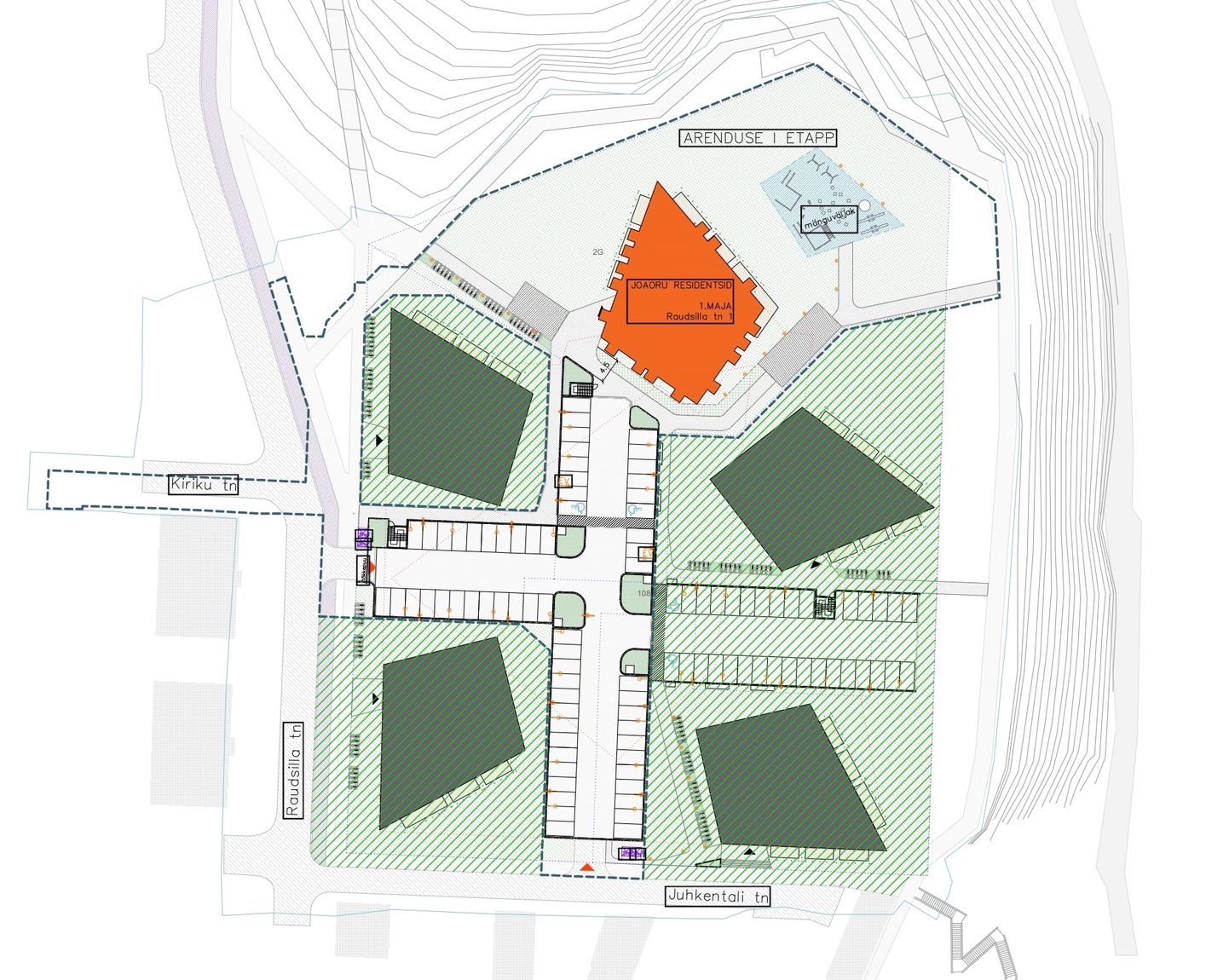 План будущего квартала "Joaoru Residentsid", где главными объектами станут пять квартирных домов оригинальной конфигурации. Оранжевым цветом на плане выделено здание, строительство которого ведется прямо сейчас.