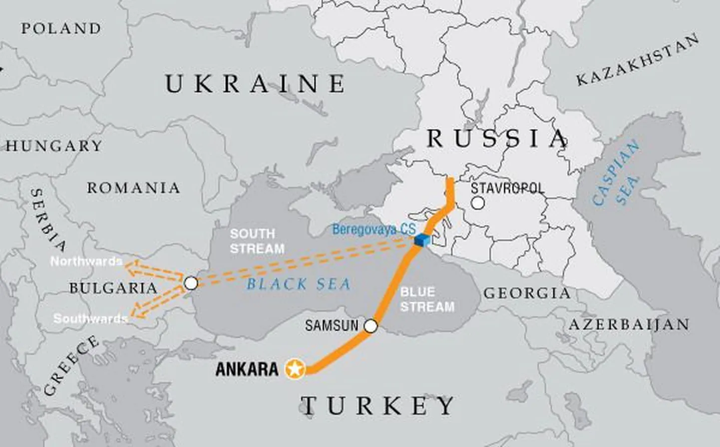 Gazpromi plaanid gaasitransiidiks Musta mere regioonis, kust hakkab läbi minema South Stream.