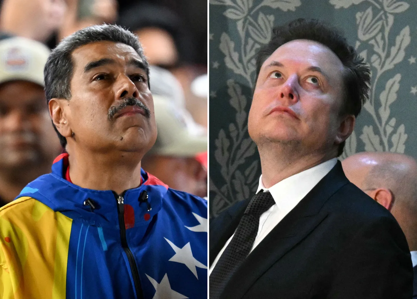 Fotokollaaž näitab Venezuela presidenti ja presidendikandidaati Nicolas Madurot (vasakul) reageerimas presidendivalimiste tulemustele Caracas 29. juulil 2024 ning Tesla tegevjuhti Elon Muski (paremal) saabumas Iisraeli peaministri Benjamin Netanyahu kõnele, mis toimus USA Kapitooliumis Kongressi ühisel koosolekul 24. juulil 2024. Venezuela president Nicolas Maduro, kelle valimisvõitu on laialdaselt vaidlustatud, ei ole miljardär Elon Muski sõber. Vastastikused tunded on ilmselgelt jahedad ning nende sõnasõda on eskaleerunud Caracases toimuva poliitilise kriisi ajal.