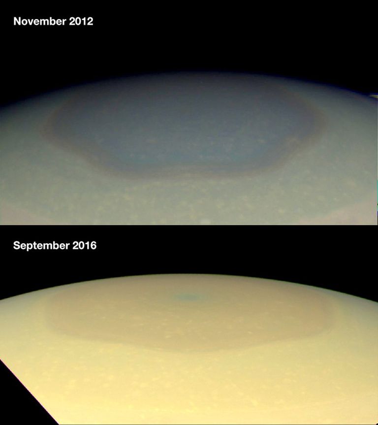 NASA kosmosealus Cassini on avastanud Saturni põhjapooluse heksagonis huvitava värvide mängu. Oletatakse, et selle põhjuseks võib olla aastaaegade vahetumine.