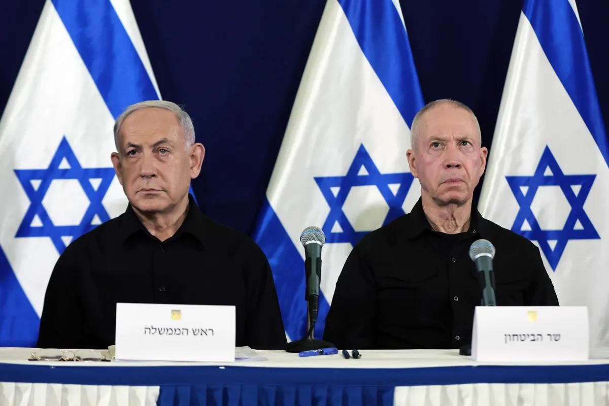 Israeli Prime Minister Benjamin Netanyahu and then-Defense Minister Yoav Gallant at the Kirya military base in Tel Aviv in late October 2023.