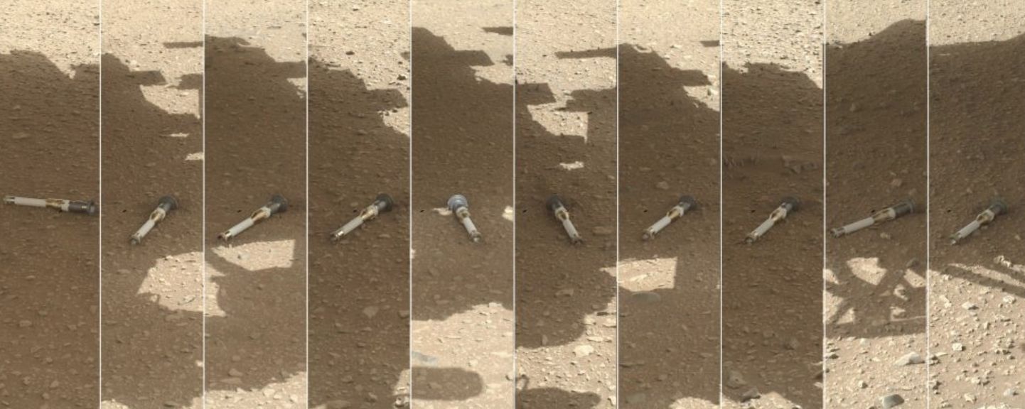 На сегодняшний день марсоход поместил на планету десять образцов грунта, которые необходимо собрать и доставить обратно на Землю. На снимке - фотомонтаж этих образцов.