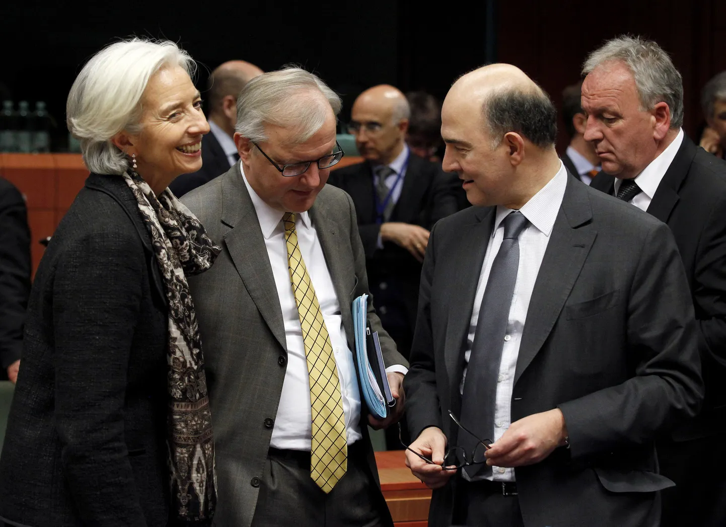IMFi peadirektor Christine Lagarde, ELi majandusvolinik Olli Rehn and Prantsusmaa majandusminister Pierre Moscovici.