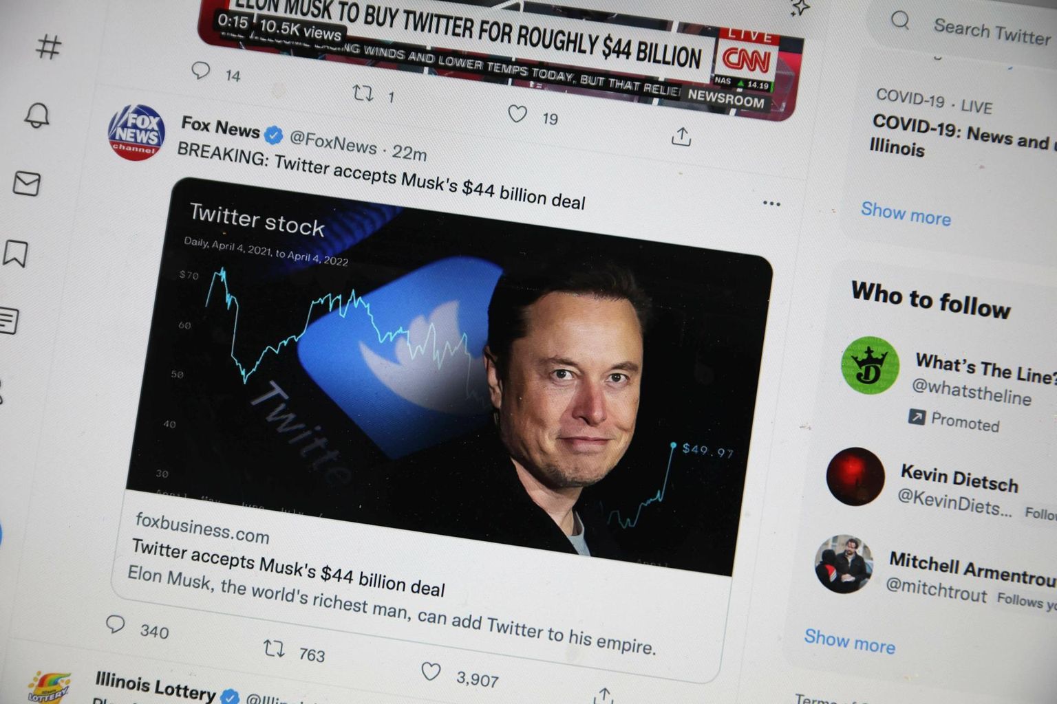 Portaal Fox News uudis, et Tesla elektriautodega kuulsaks ja miljardäriks saanud Elon Musk võtab Twitteri üle.