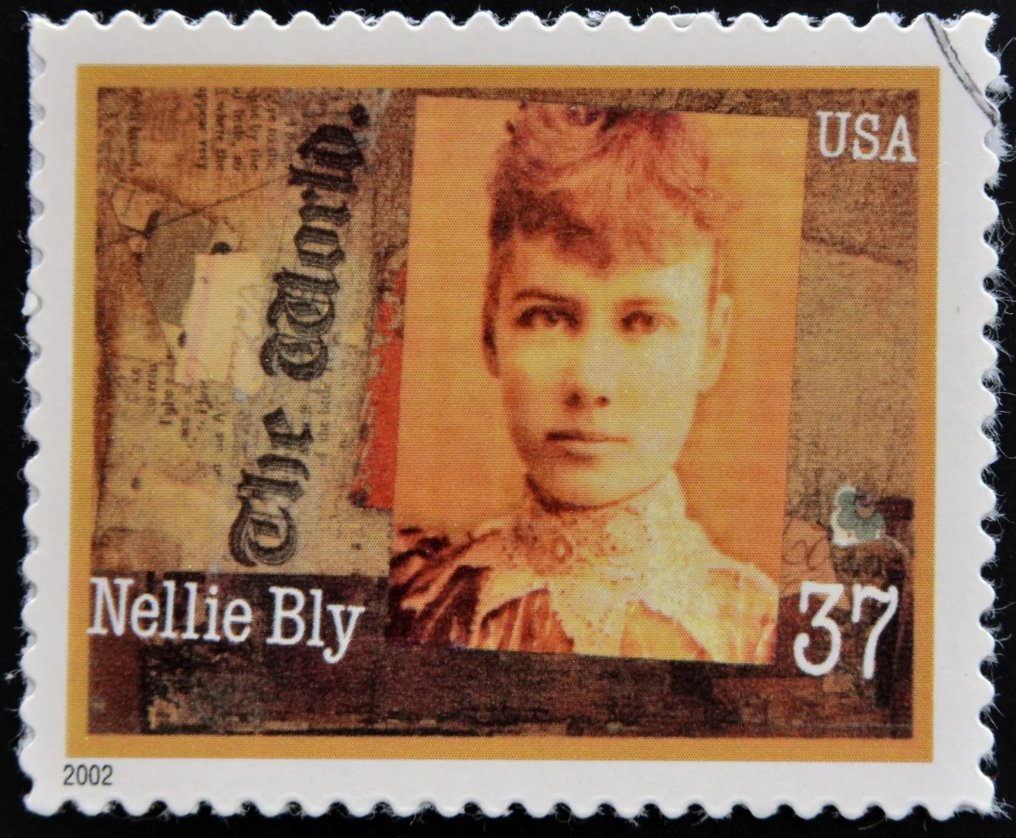 USA postmark, mis on pühendatud naistele ajakirjanduses. Fotol Nellie Bly.