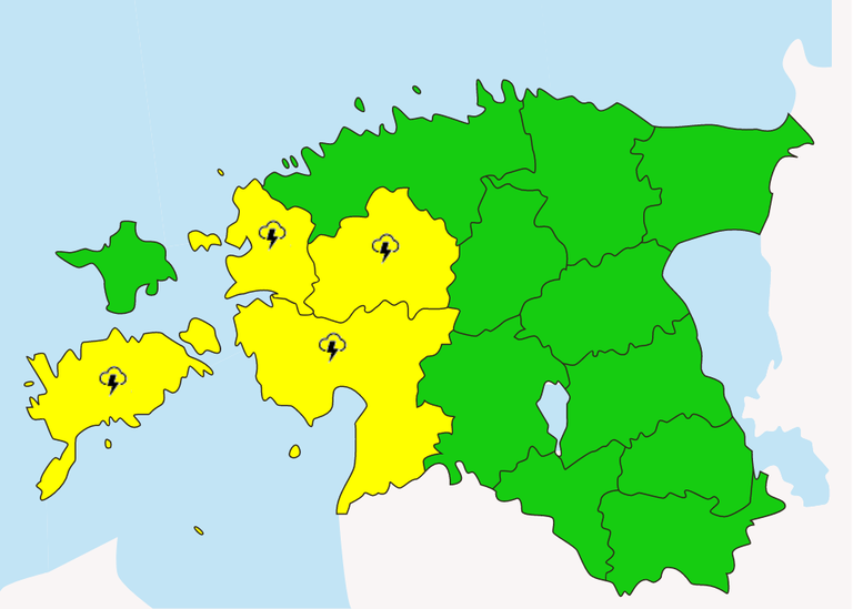 Kaardil on kollasega märgitud maakonnad, kus on oodata äikest.