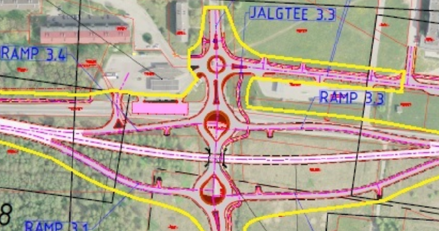 Схема строительства новой развязки в Силламяэ, наложенная на спутниковое фото. В верхней левой части фото видны существующие автобусный вокзал и заправочная станция.