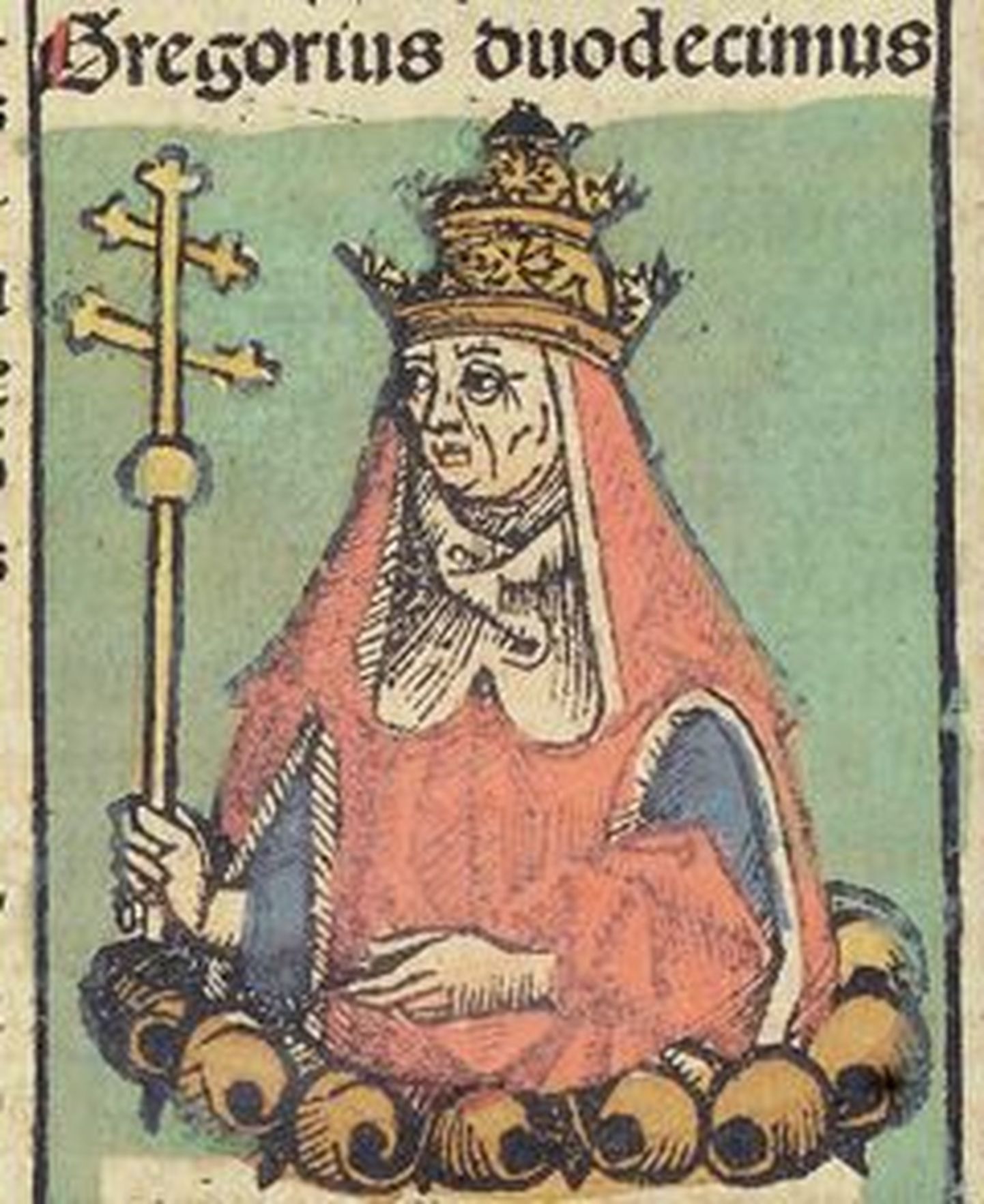Viimati omal soovil paavstiametist tagasi astunud Gregorius XII kujutis Nürnbergi kroonikas.