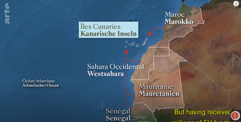 Kaart, millel on näha migrantide teekonda Hispaania Kanaari saartele