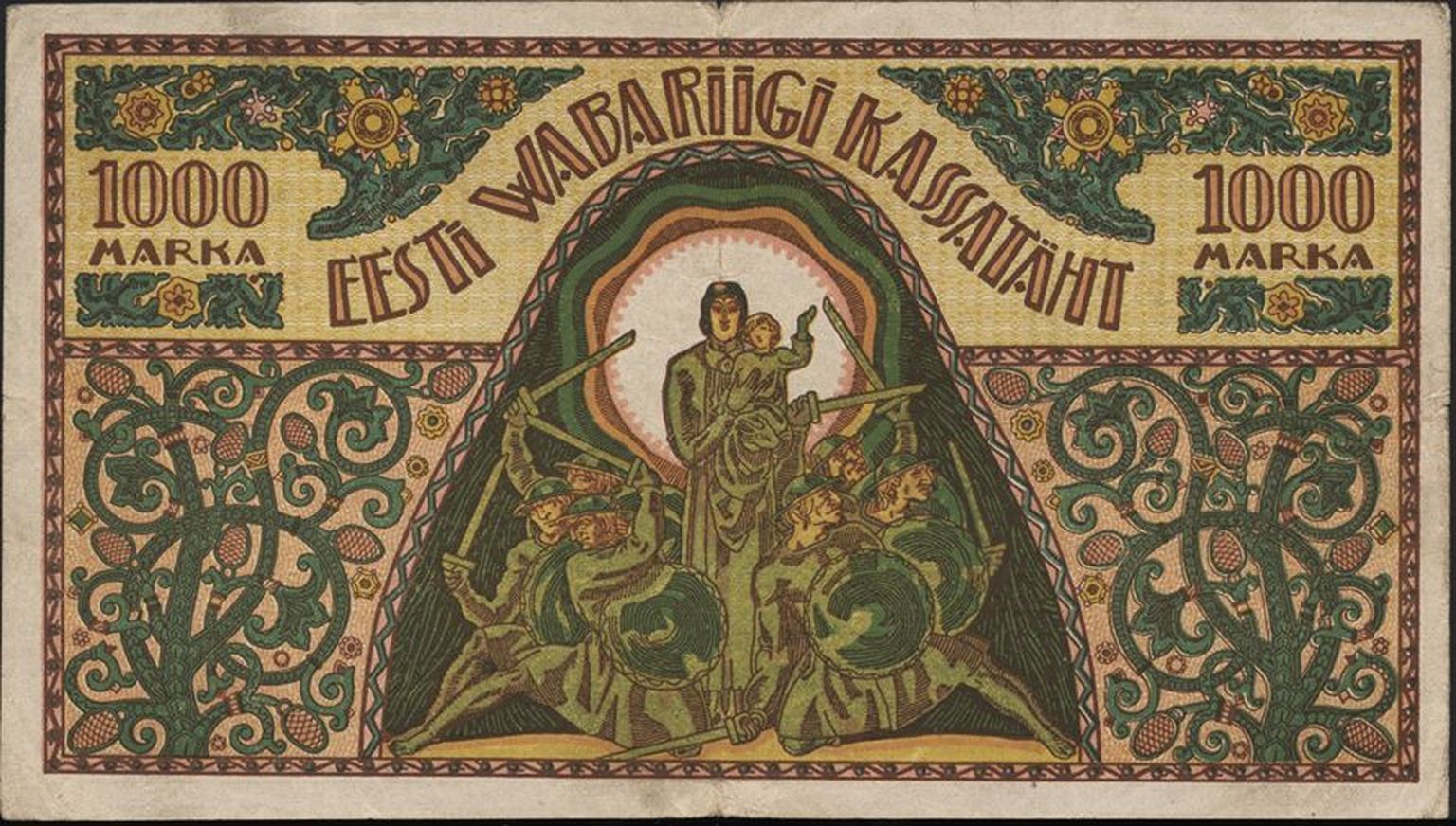 1000-margane kassatäht, mis lasti ringlusse 1921. aastal ja mille kujundas Nikolai Triik.