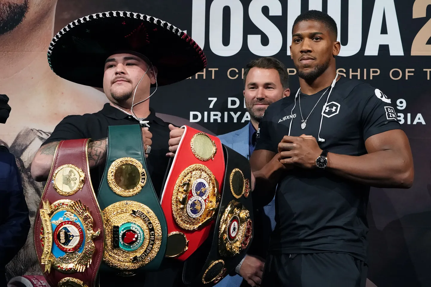 Poksi raskekaalu maailmameister Andy Ruiz Jr. (vasakul) ja Anthony Joshua 5. septembril kordusmatši pressikonverentsil New Yorgis.