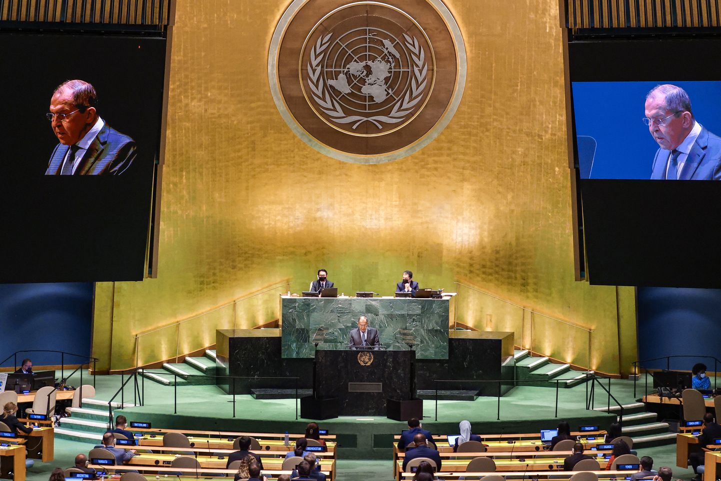 Vene välisminister Sergei Lavrov esinemas ÜRO Peaassambleel New Yorgis.
