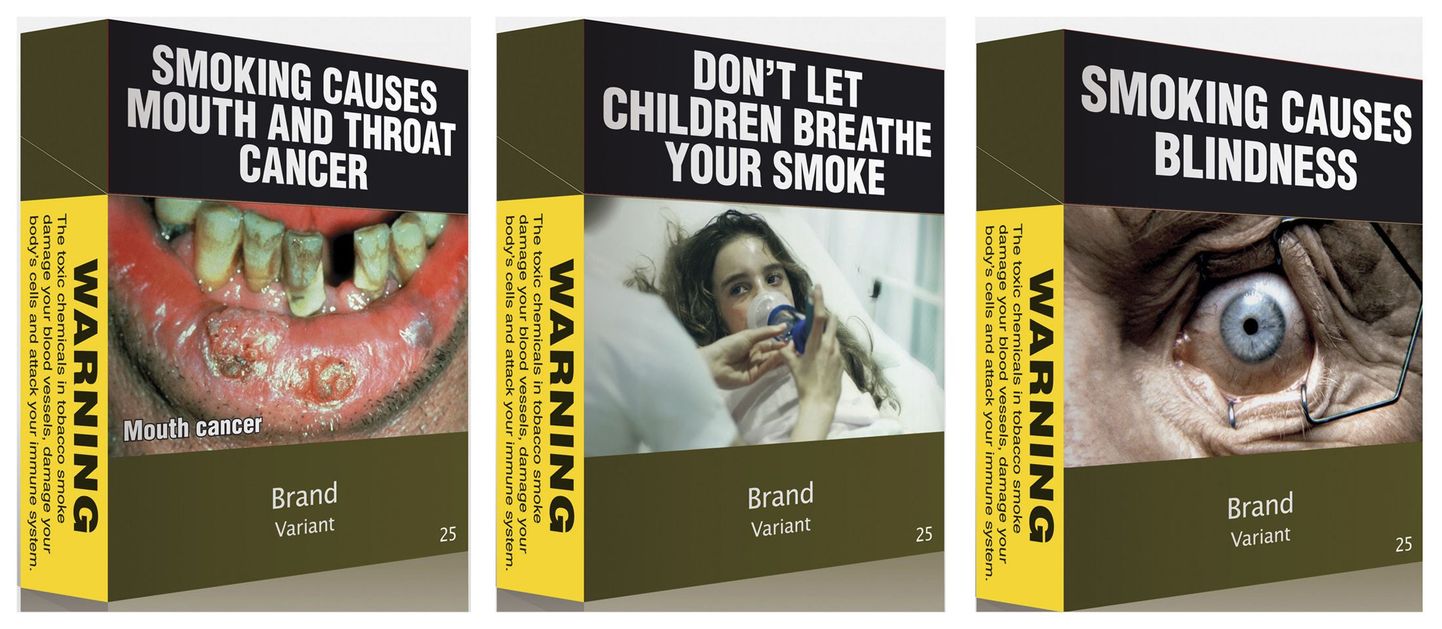 Austraalia valitsuse väljapakutud sigaretipakkide kujundused, mis hoiataksid inimesi suitsetamise kahjulikkuse eest.