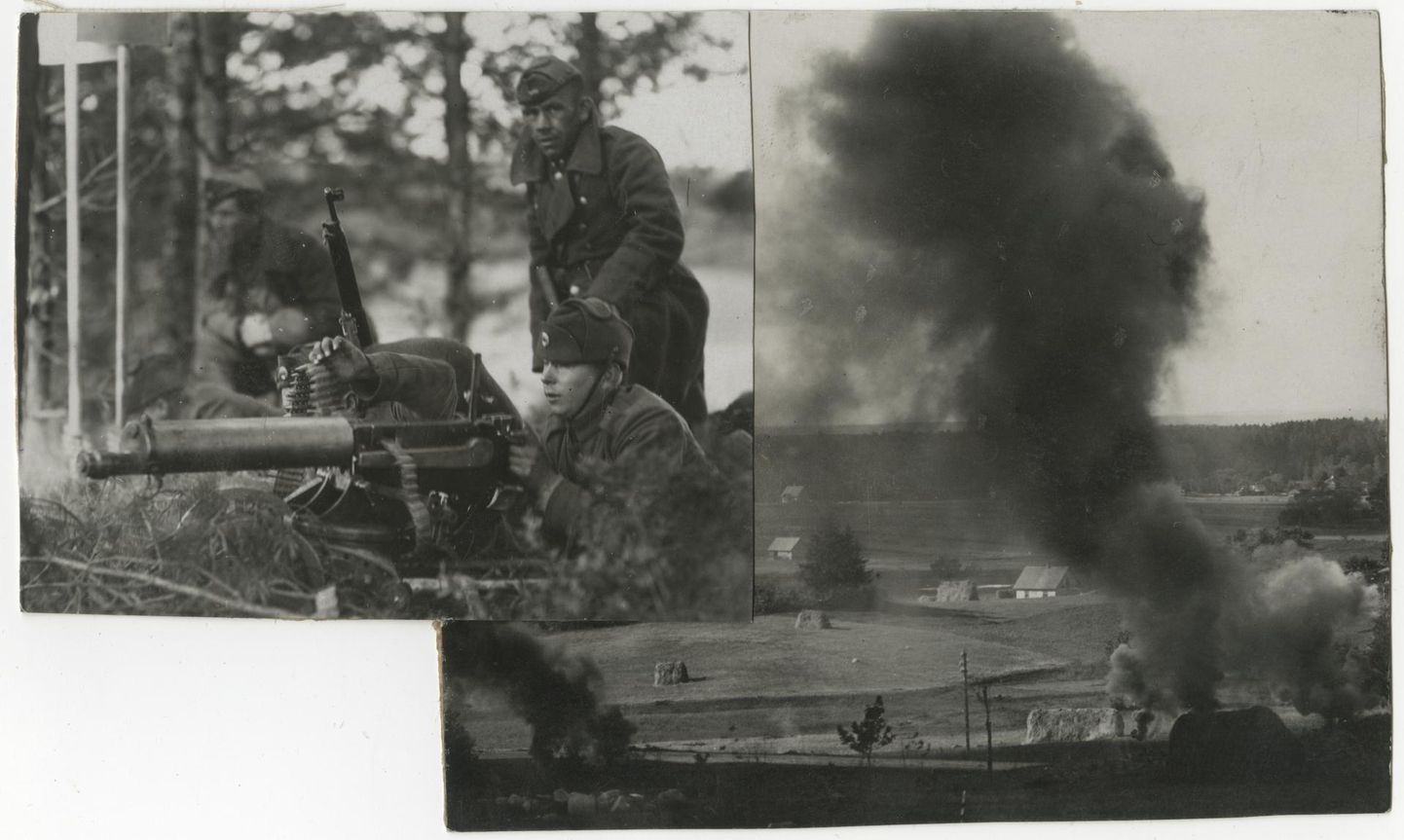 Eesti kaitseväe sõjalised õppused 1920ndatel või 1930ndatel. Vasakul sõdurid raskekuulipildujast tulistamas, paremal plahvatus maastikul.
