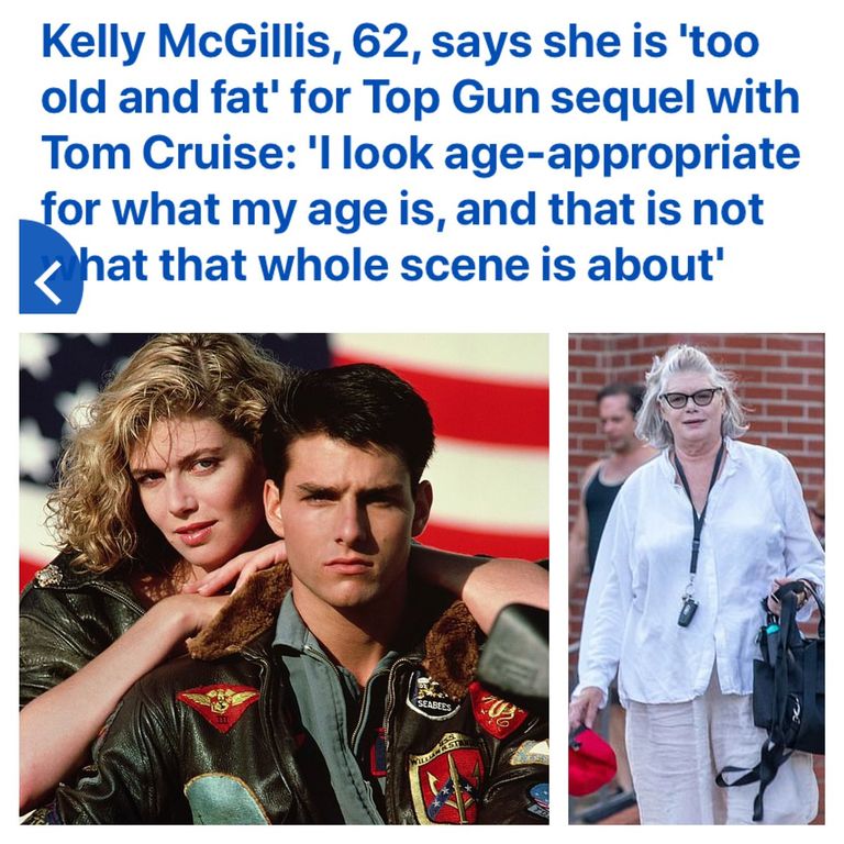 Vasakul: Kelly McGillis ja Tom Cruise 1986. aasta filmis «Top Gun». Paremal: Kelly McGillis praegu