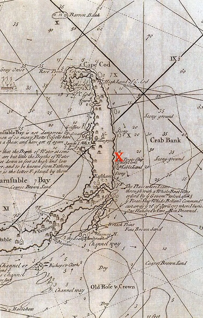 Kaart, millel on kujutatud Whydahi vraki asukoht Massachusettsis Cape Codi poolsaare juures