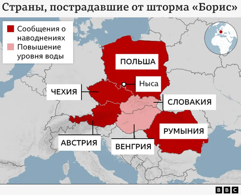 Карта пострадавших от наводнений стран