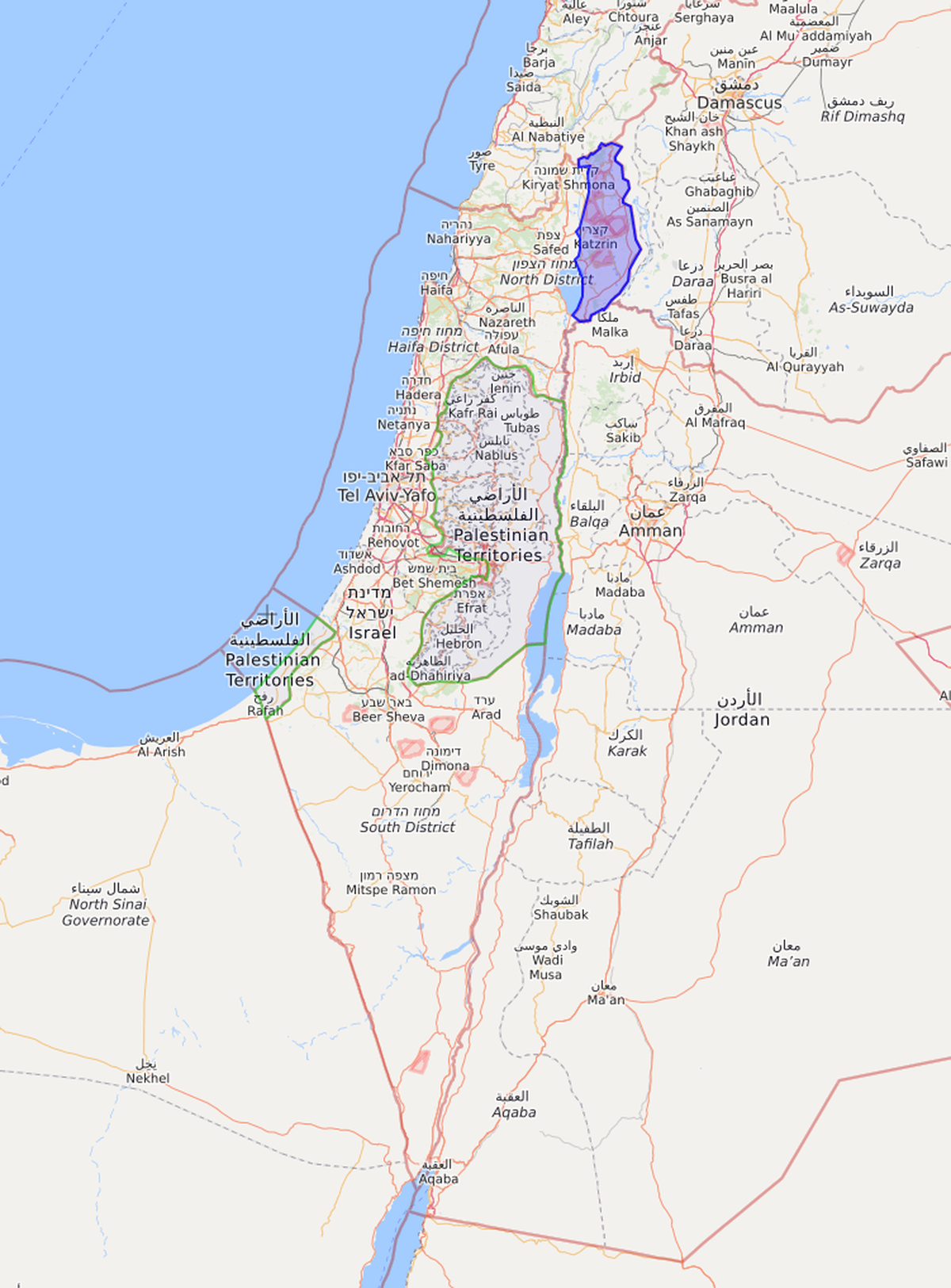 Izraēlas un Palestīnas robežas. Okupētās Golānas augstienes atzīmētas ar zilu